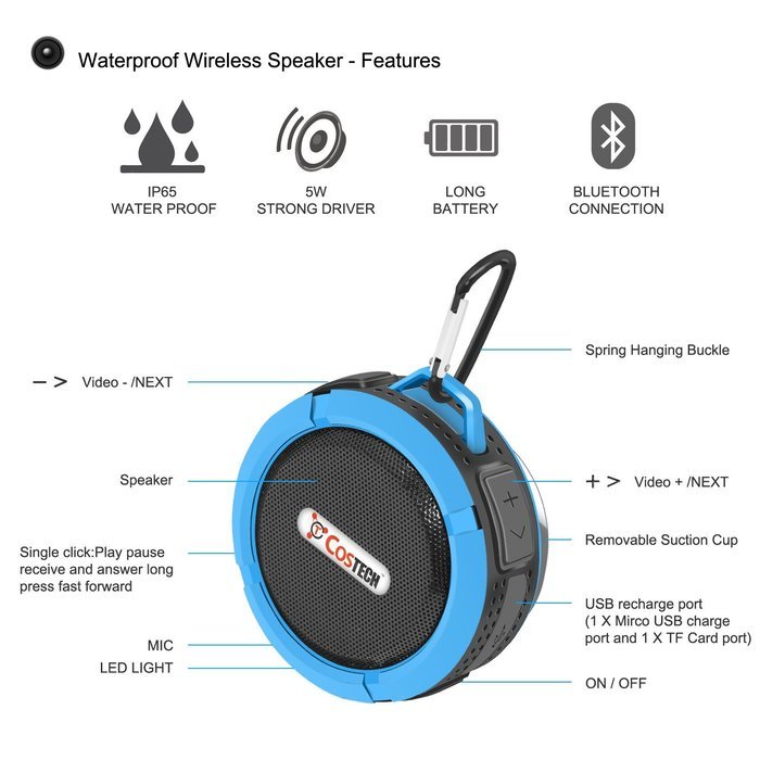 Waterproof Bluetooth Mini Speaker, Costech Portable IP65 Waterproof 5W with Mic and Removable Suction Cup Use... N3