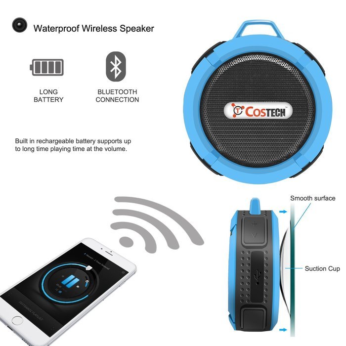 Waterproof Bluetooth Mini Speaker, Costech Portable IP65 Waterproof 5W with Mic and Removable Suction Cup Use... N5