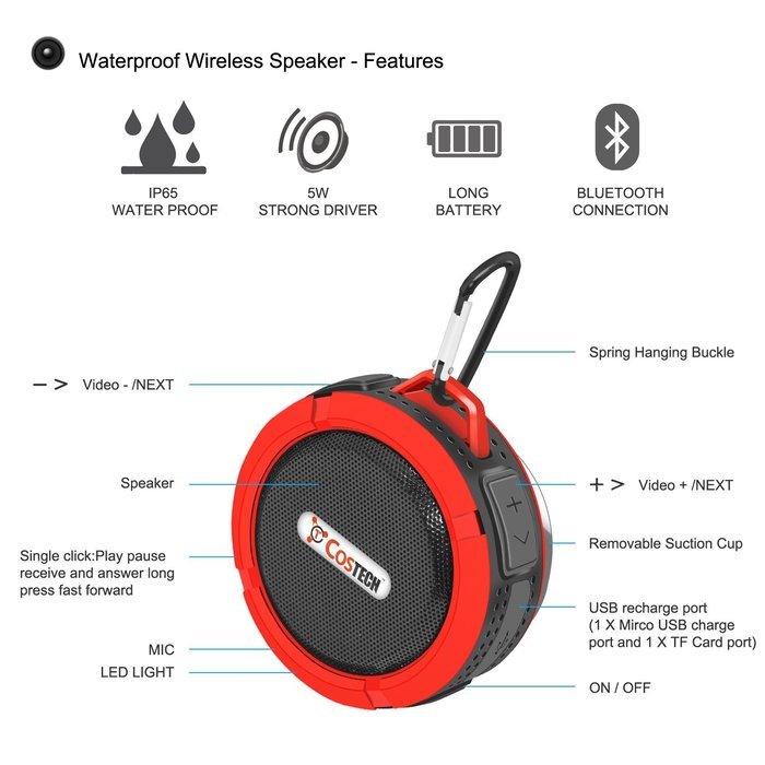 Waterproof Bluetooth Mini Speaker, Costech Portable IP65 Waterproof 5W with Mic and Removable Suction Cup Use... N10