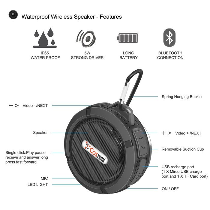 Waterproof Bluetooth Mini Speaker, Costech Portable IP65 Waterproof 5W with Mic and Removable Suction Cup Use... N17