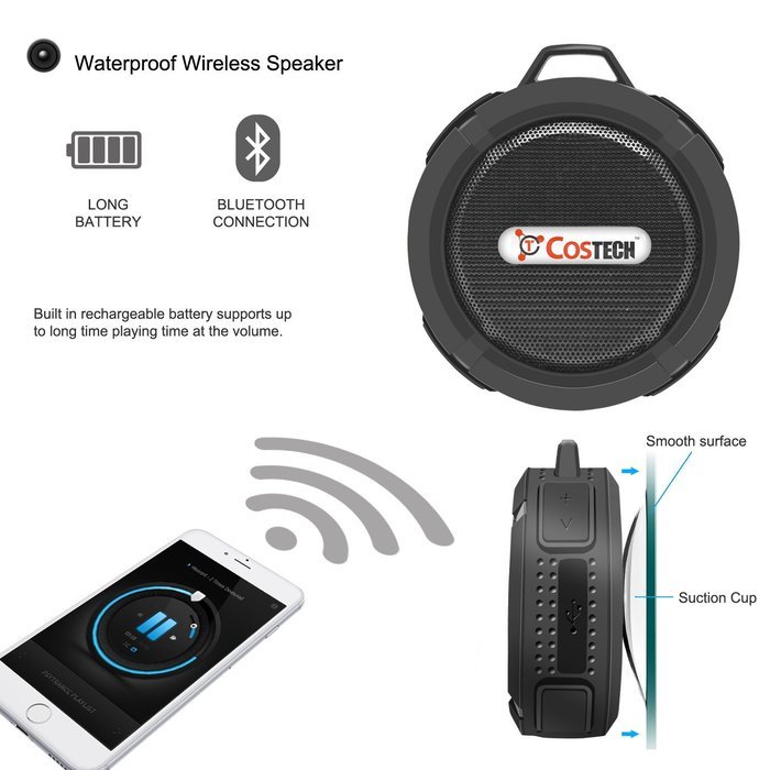 Waterproof Bluetooth Mini Speaker, Costech Portable IP65 Waterproof 5W with Mic and Removable Suction Cup Use... N19