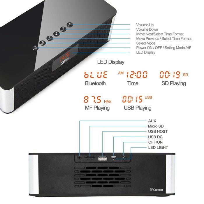 Bluetooth V4.0 HIFI Speaker, Costech Portable Stereo FM Radio, Handsfree, Support USB HOST & Micro SD card Pairs... N3