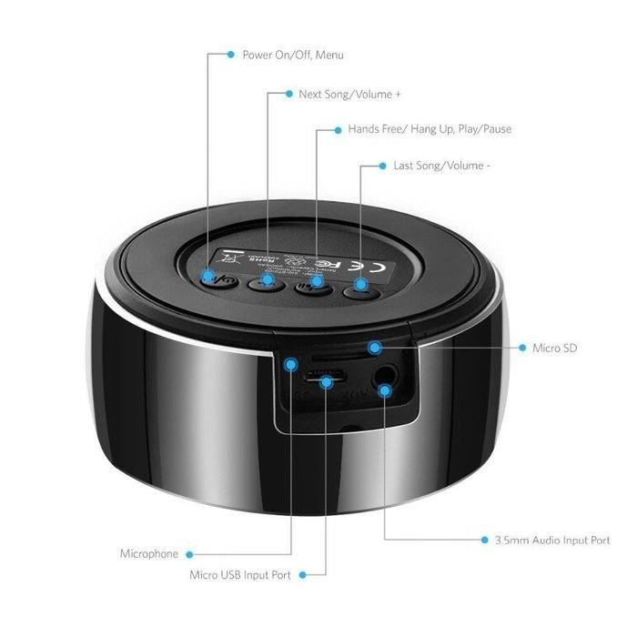 Smileto Mini Round Portable Wireless Bluetooth Music speaker for Outdoor Sport with Metal Bass Hatch, Clear Amazing... N3