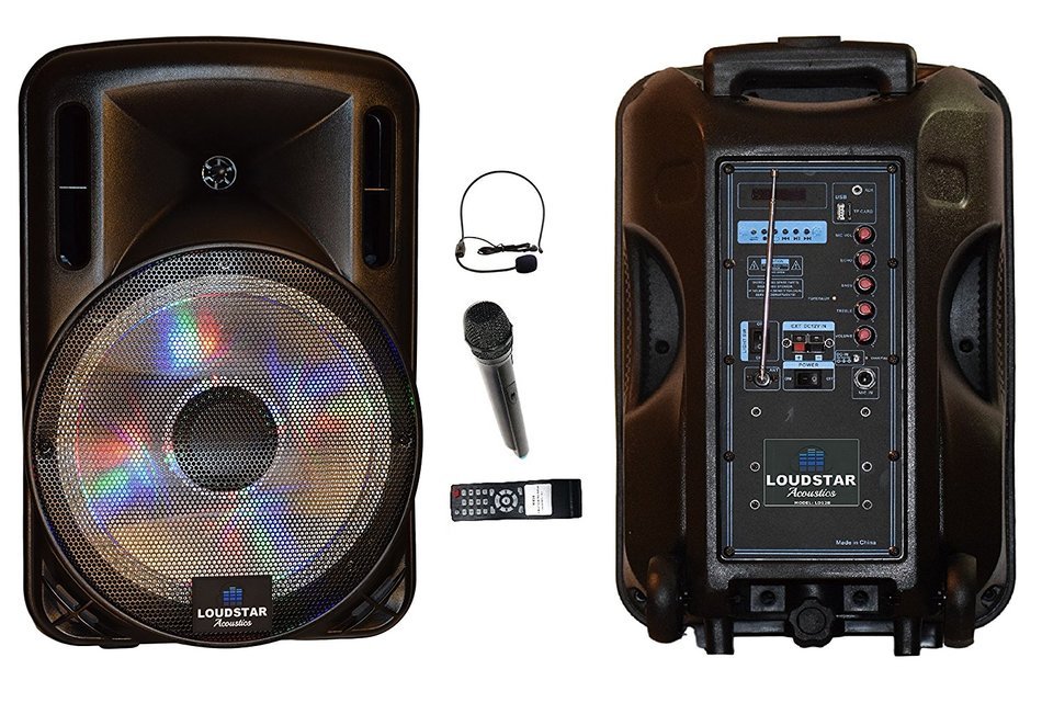 Portable Speaker 12" 1300W PA System, 2 Wireless Microphones, Bluetooth, Rechargeable, LED