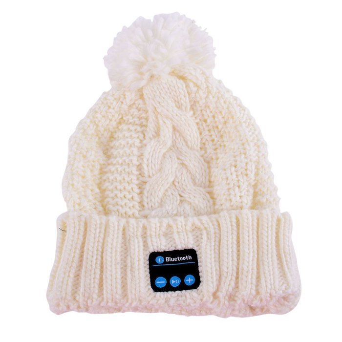 Leezo Smart Beanie Hat with Built in Wireless Bluetooth Headphones Speaker Mic White