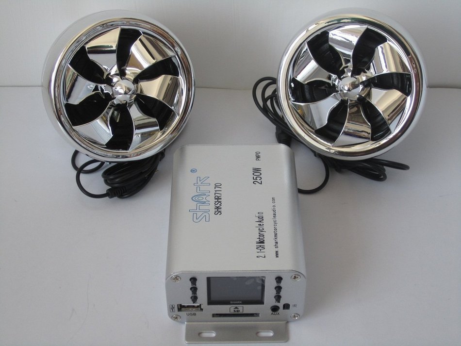 Shark Motorcycle Audio 250W 2 Speakers plus FM radio with 2 Remotes (Wired/Wireless) SD AUX LCD Display + External... N5