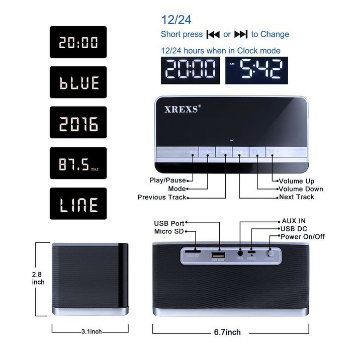 Alarm Clock Bluetooth Speaker FM Radio XREXS Portable Wireless Speaker for iphone Samsung, Enhanced Bass Stereo... N4