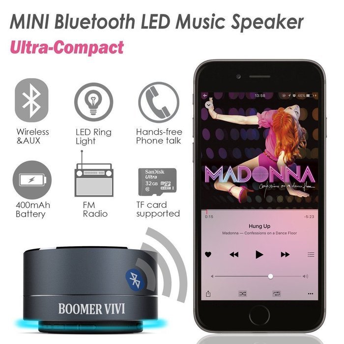 BOOMER VIVI Bluetooth Speakers With Subwoofer B19 Mini Compact Wireless Speaker With LED Light Hi-Fi Quality Sound... N15