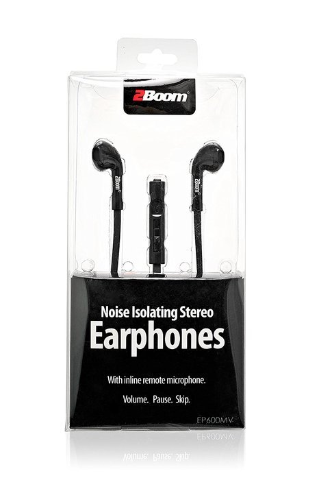 2BOOM Noise Isolating Wired Earbuds Headphones with Microphone and Volume Control Black N3