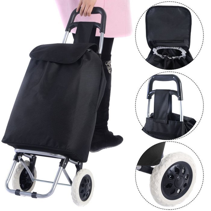 Gracelove Black Large Capacity Light Weight Wheeled Shopping Trolley Push Cart Bag
