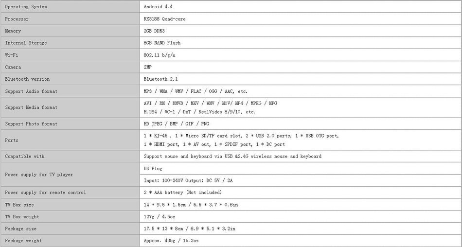 Andoer Q7S TV Box Player Android 4.4 Quad Core 2G/8GB 2MP Camera Mic XBMC DLNA Miracast Bluetooth N9