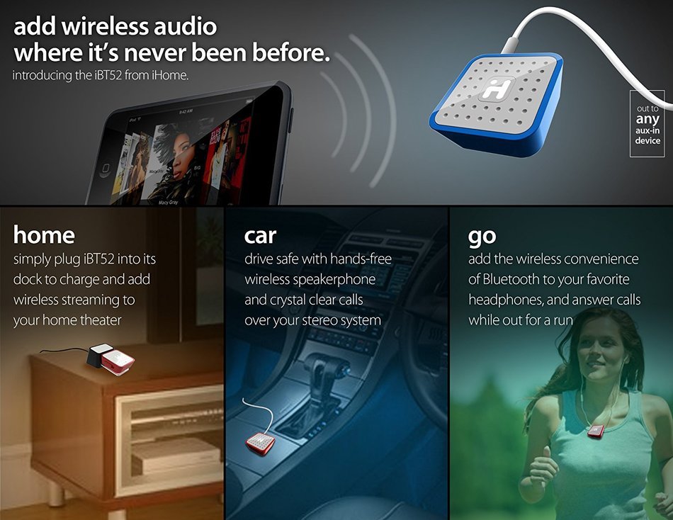 iHome Portable Rechargeable Bluetooth Music Receiver with Speakerphone and Home Docking Station N8