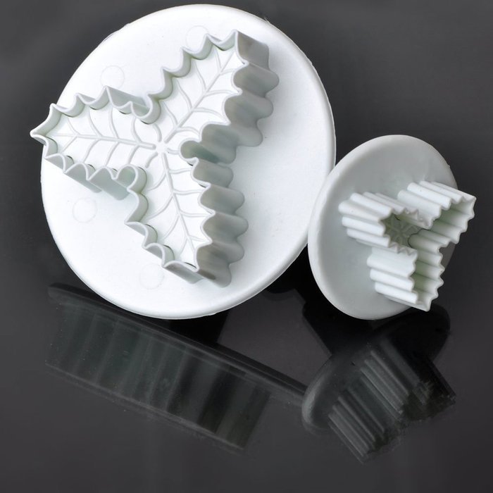 Leegoal (TM) Three Holly Leak Cookie Sugarcraft Fondant Decorating Plunger Cutter Mold (White,Set of 2) N2