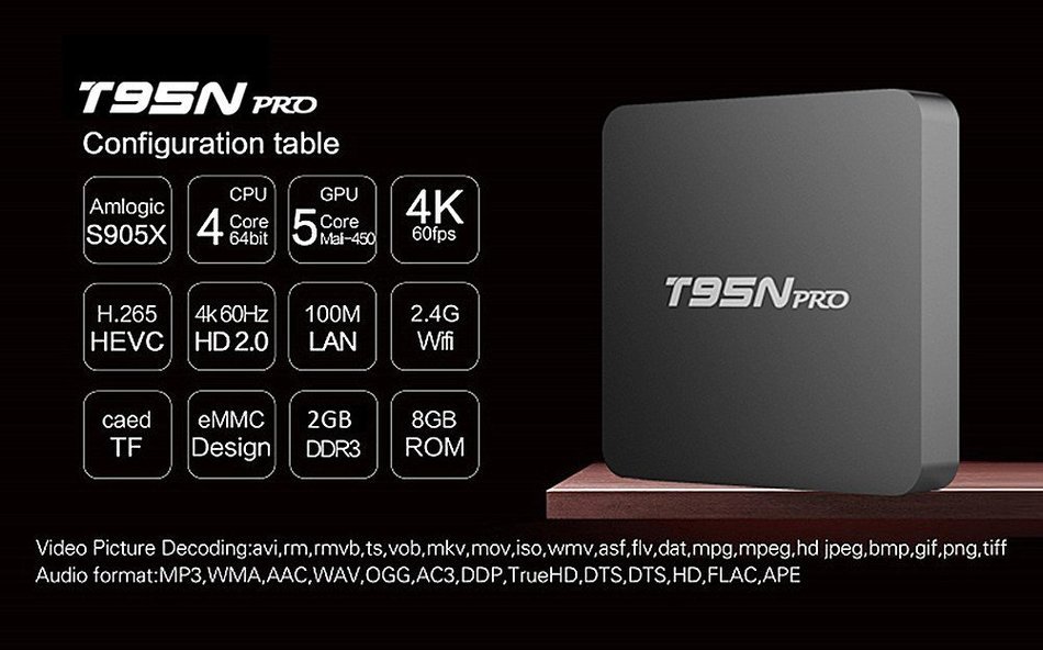T95N Pro Android6.0 TV Box S905X Quad Core 2GB/8GB 4K2K HD Kodi 16.1 Fully Loaded Streaming Media Player N6