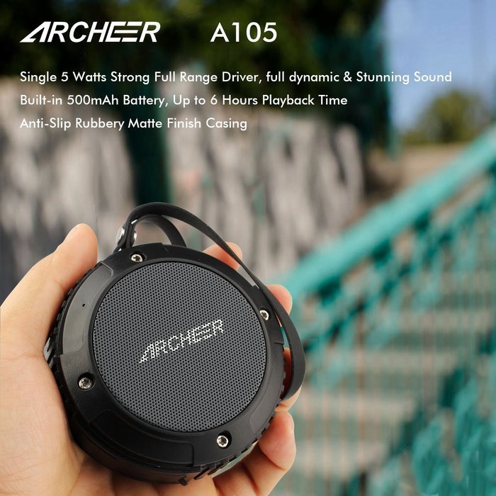 Archeer Waterproof Speaker Portable Outdoor Bluetooth Speaker with Bass, 6 Hour Playtime 5W Driver, A105 Black N6