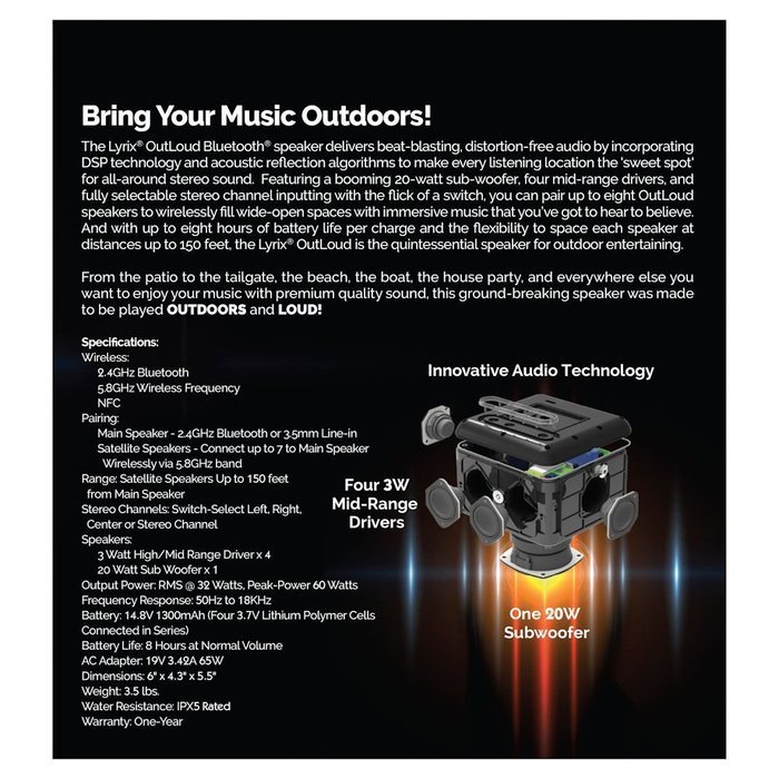 PCT Brands Lyrix Out Loud - The Ultimate Bluetooth Outdoor Party, Tailgate Speaker N9