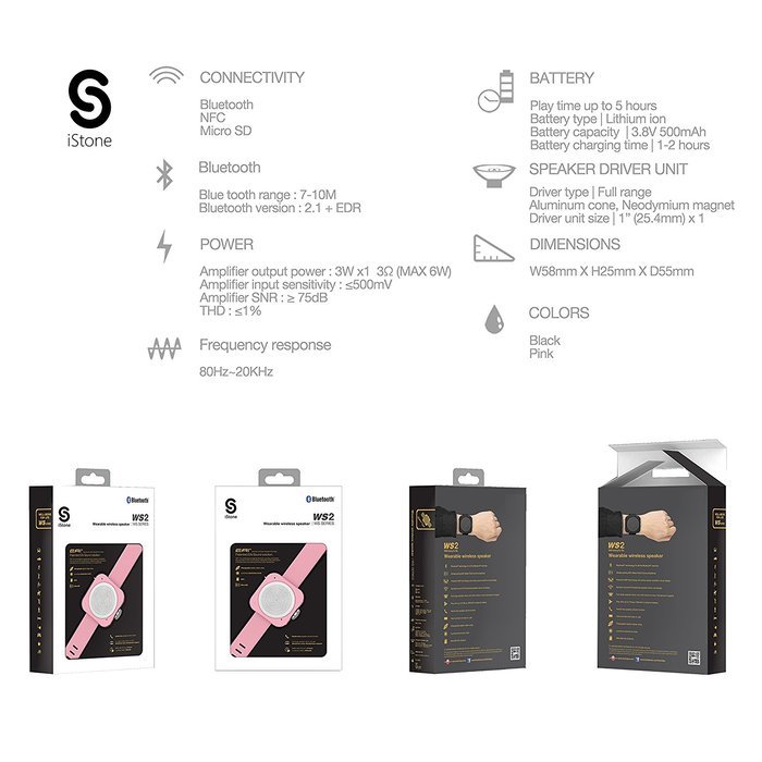 iStone WS2 Portable Wearable Wireless Bluetooth Speaker, Watch Speaker, NFC Tech，Hands-free Call, Micro SD Card... N7