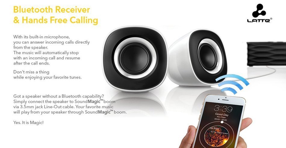 Latte BC235DBLK SoundMagic boom Portable Bluetooth Speaker with a Built-In Microphone and 2 Speakers (Black) N9