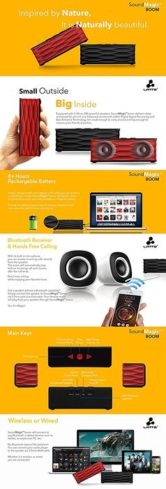 Latte BC235DBLK SoundMagic boom Portable Bluetooth Speaker with a Built-In Microphone and 2 Speakers (Black) N13