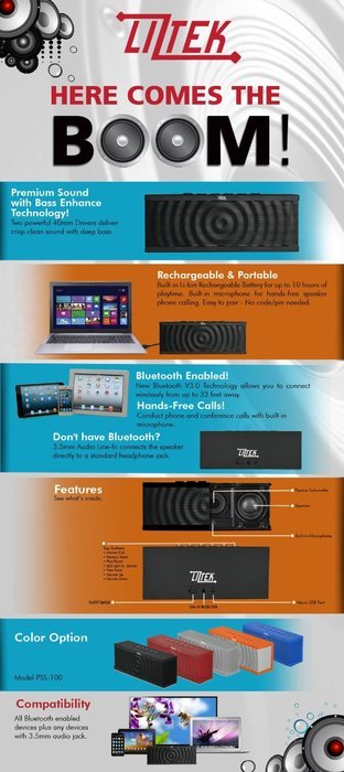 Liztek PSS-100 Portable Wireless Bluetooth Speaker with Built in Speakerphone, 10 Hour Rechargeable Battery (Black) N3