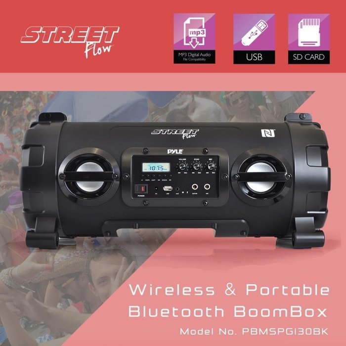 Pyle - Wireless Portable Bluetooth Boom Box Speaker,Built-in Rechargeable Battery, MP3/USB/SD, FM Radio, DJ Party... N4