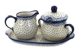 Polish Pottery Small Dots Sugar &amp; Creamer with Tray