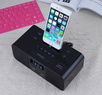 LCD Digital FM Radio Dual Alarm Clock Music Dock Charger Station NFC Bluetooth Speaker for iPhone Lightning port...