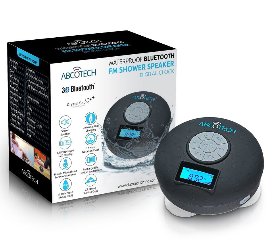Abco Tech Splash Proof Shower Speaker with 3 Firm Suction Cups - Black