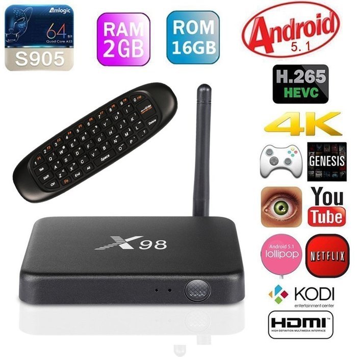 Joinwe-world X98 Android TV Box 2GB/16GB Quad Core Android 5.1 Streaming Media Player with C120 Wireless keyboard