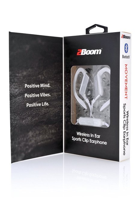 2BOOM Wireless Hands Free Bluetooth Sweat Proof In Ear Buds with Clip Headphone White N3