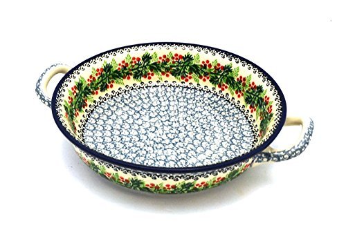Polish Pottery Baker - Round with Handles - Medium - Holly Berry