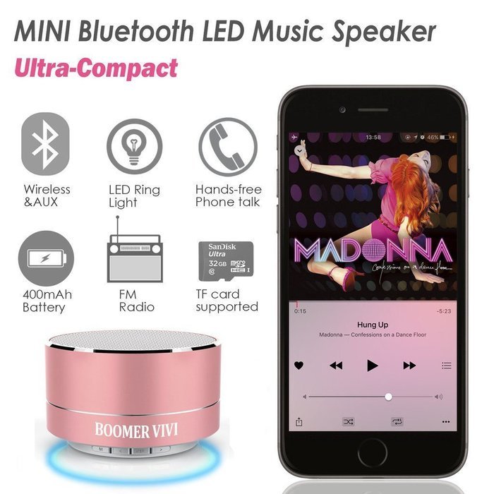 BOOMER VIVI Bluetooth Speakers With Subwoofer B19 Mini Compact Wireless Speaker With LED Light Hi-Fi Quality Sound... N23