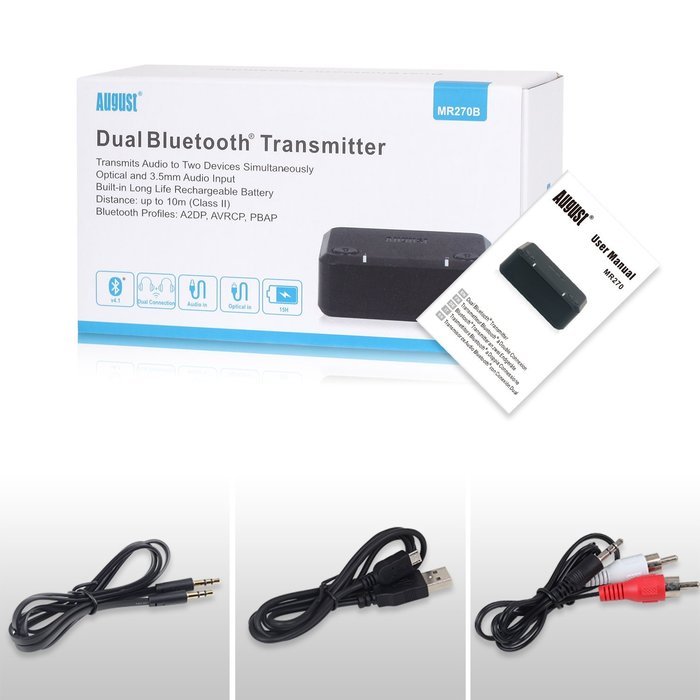 August MR250 Bluetooth Wireless Transmitter - Audio Sender for TV to Bluetooth Headphone - Stream Music from 3.5mm... N43