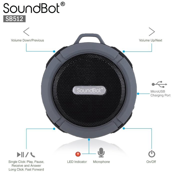 SoundBot SB512 HD Wireless Shower Speaker (Gray) N5