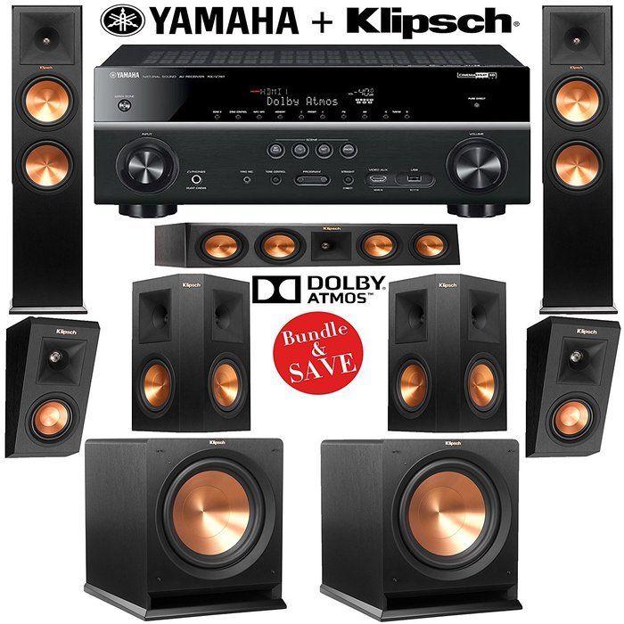 Klipsch RP-280F 5.2.2 Reference Premiere Dolby Atmos Home Theater System with Yamaha RX-V781BL 7.2-Ch Network...