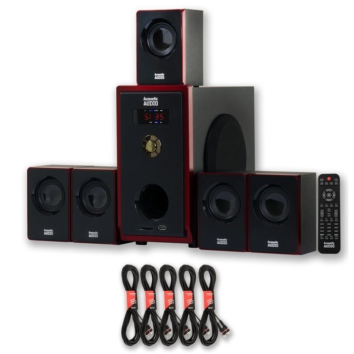 Acoustic Audio AA5103 800W 5.1 Channel Home Theater Speaker System with 5 Extension Cables AA5103-5
