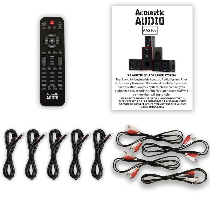 Acoustic Audio AA5103 800W 5.1 Channel Home Theater Speaker System with 5 Extension Cables AA5103-5 N2