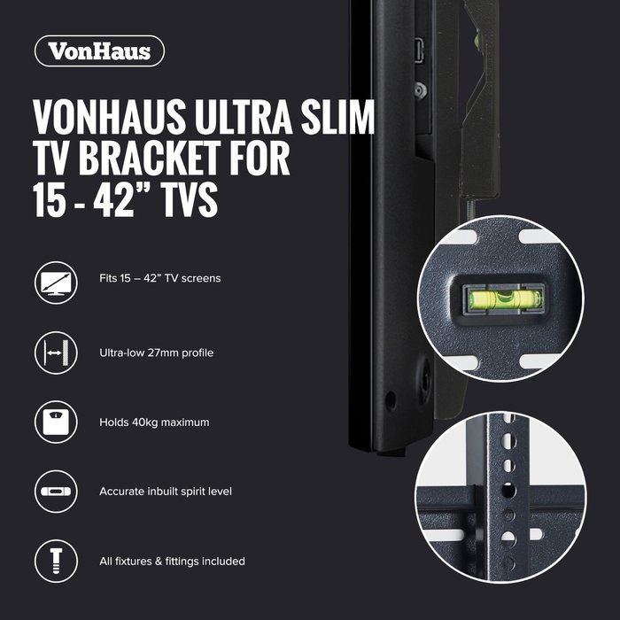 VonHaus Ultra Slim TV Wall Mount for 15-42 inch LCD LED 3D Plasma TVs Super Strong 88lbs Weight Capacity N7