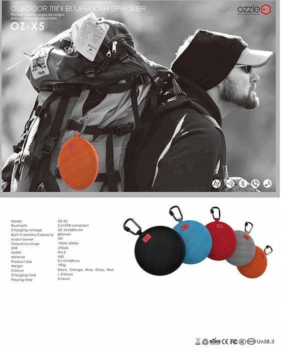 Ozzie Mini Wireless Portable Stereo Bluetooth 3.0 Waterproof Outdoor & Shower Speaker with Built in 800 mA Battery... N3