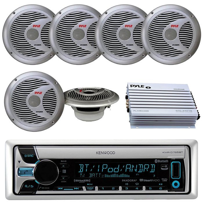 Kenwood KMR-D765BT Bluetooth CD MP3 USB AUX AM/FM Radio Marine Boat Stereo 6 X 6.5 Dual Cone Marine Speakers 4... N7