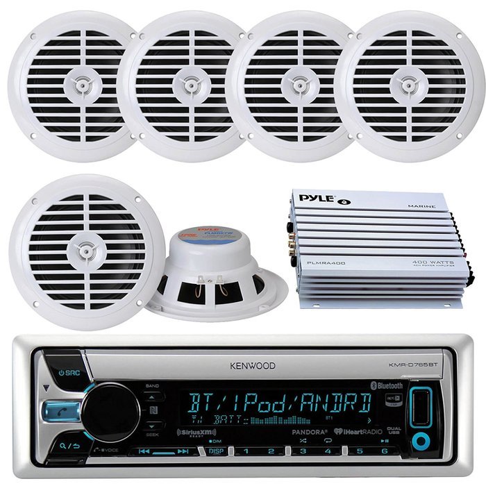 Kenwood KMR-D765BT Bluetooth CD MP3 USB AUX AM/FM Radio Marine Boat Stereo 6 X 6.5 Dual Cone Marine Speakers 4... N8