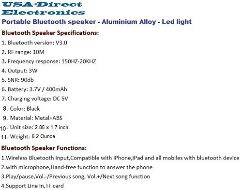Portable Bluetooth Speaker, Black Aluminium Alloy - LED Light - Compatible with Smartphone, Tablets, Iphone, Samsung... N3