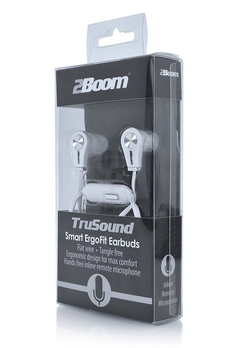 2BOOM Professional Sound Comfort Wired Earbuds with Microphone and Volume Control White N4