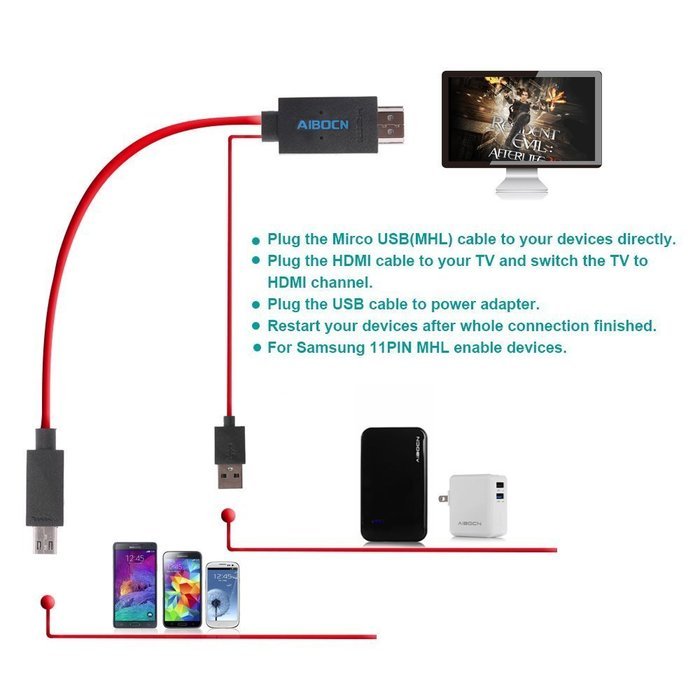 Aibocn 6.5 Feet 11 Pin Micro USB to HDMI Adapter Cable 1080P HDTV for Samsung Galaxy S5, S4, S3, Note 3, Note... N2