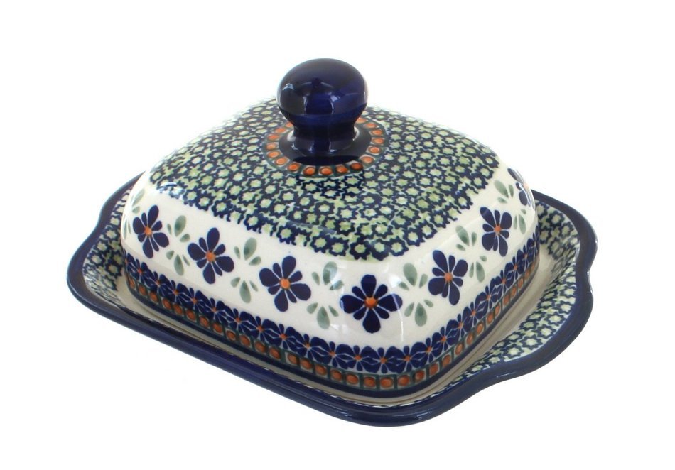 Polish Pottery Mosaic Flower Square Butter Dish