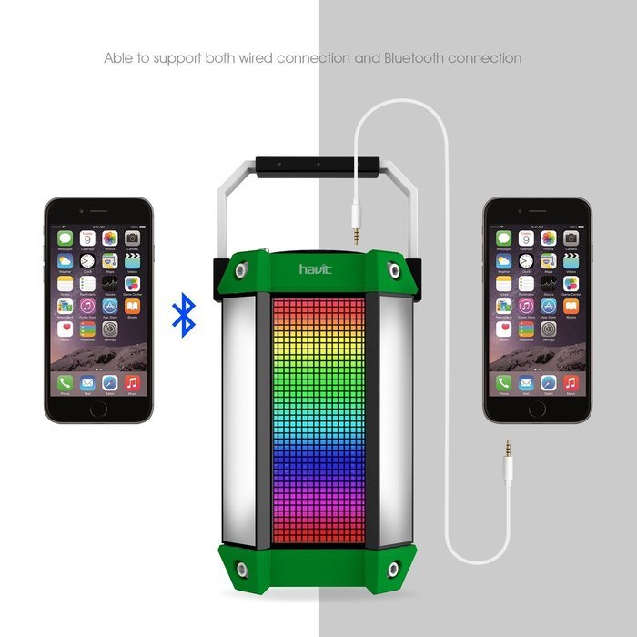 HAVIT HV-SK159BT LED Wired/Wireless Bluetooth Speaker with Power Bank, TF Card and FM Radio (Black+Green) N3
