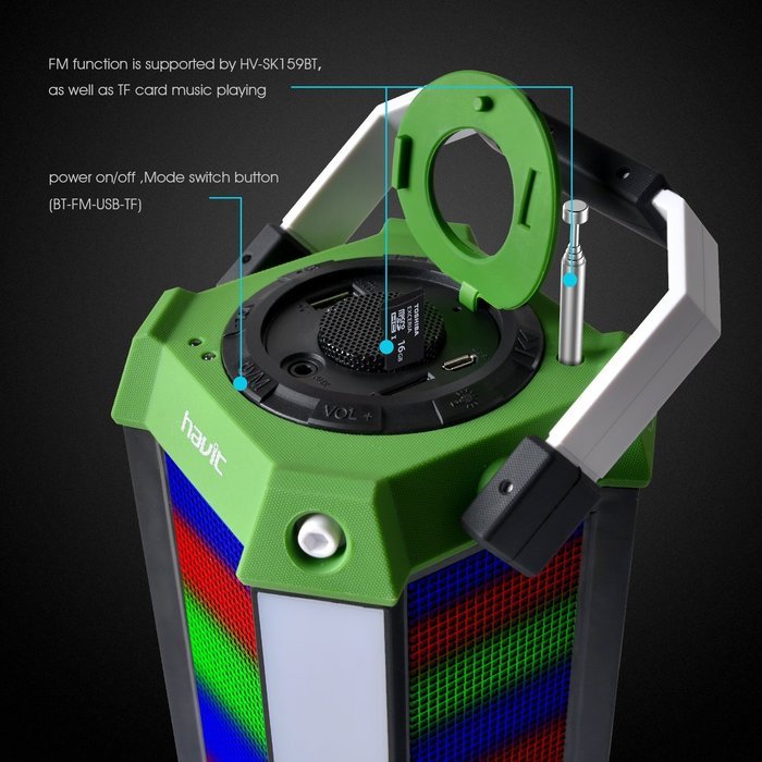 HAVIT HV-SK159BT LED Wired/Wireless Bluetooth Speaker with Power Bank, TF Card and FM Radio (Black+Green) N4