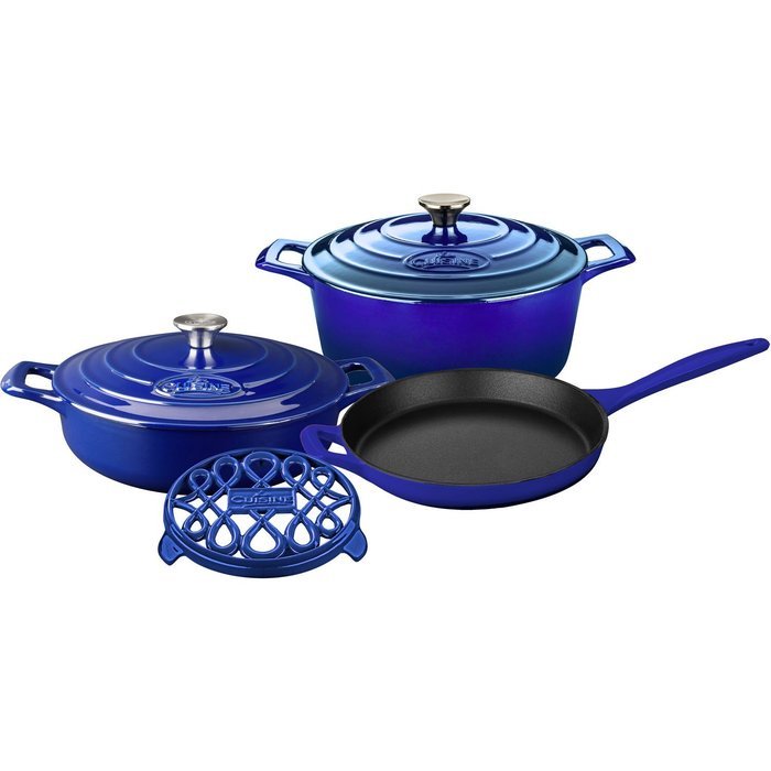 La Cuisine LC 2879MB 6 Piece Pro Enameled Cast Iron Round Casserole/Trivet Cookware Set, High Gloss Sapphire