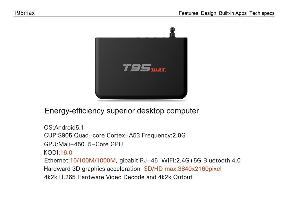Epteam Android tv box 32GB ROM 2GB RAM T95 Max Amlogic S905 Quad-Core cortex-A53 Android 5.1 Kodi 16.0 2.4G/5G... N6