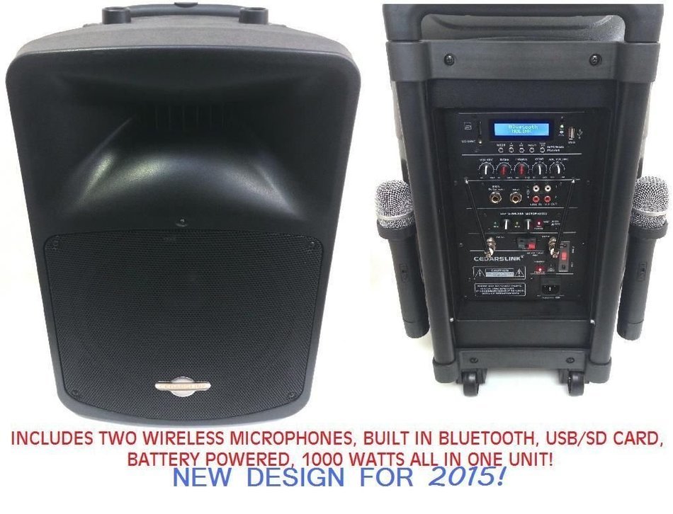 CedarsLink 12" 1,000 Watt Amplified Loudspeaker All In One Package Bluetooth With Two Wireless Microphones